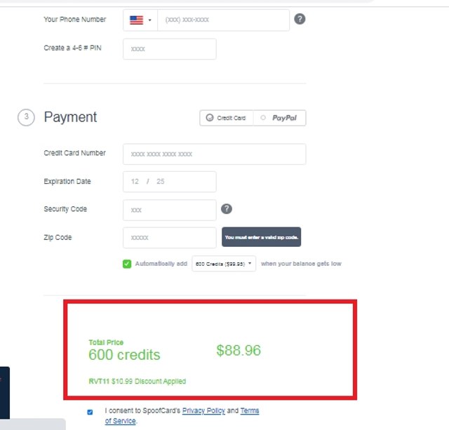 SpoofCard checkout page showing SpoofCard promo code box | Screenshot taken by SimplyCodes community member on Mar 21, 2021
