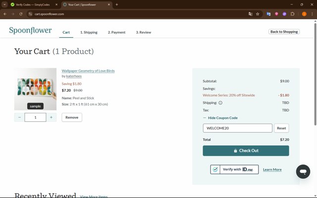 Spoonflower checkout page showing Spoonflower coupon code box | Screenshot taken by SimplyCodes community member on Jul 24, 2025