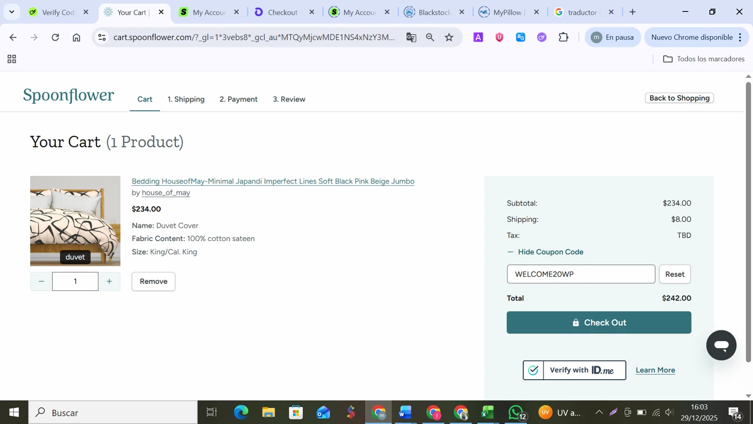 Spoonflower promo code screenshot showing code WELCOME20WP applied at Spoonflower checkout page. Uploaded by SimplyCodes community member MANUELURBINA on Dec 29, 2025