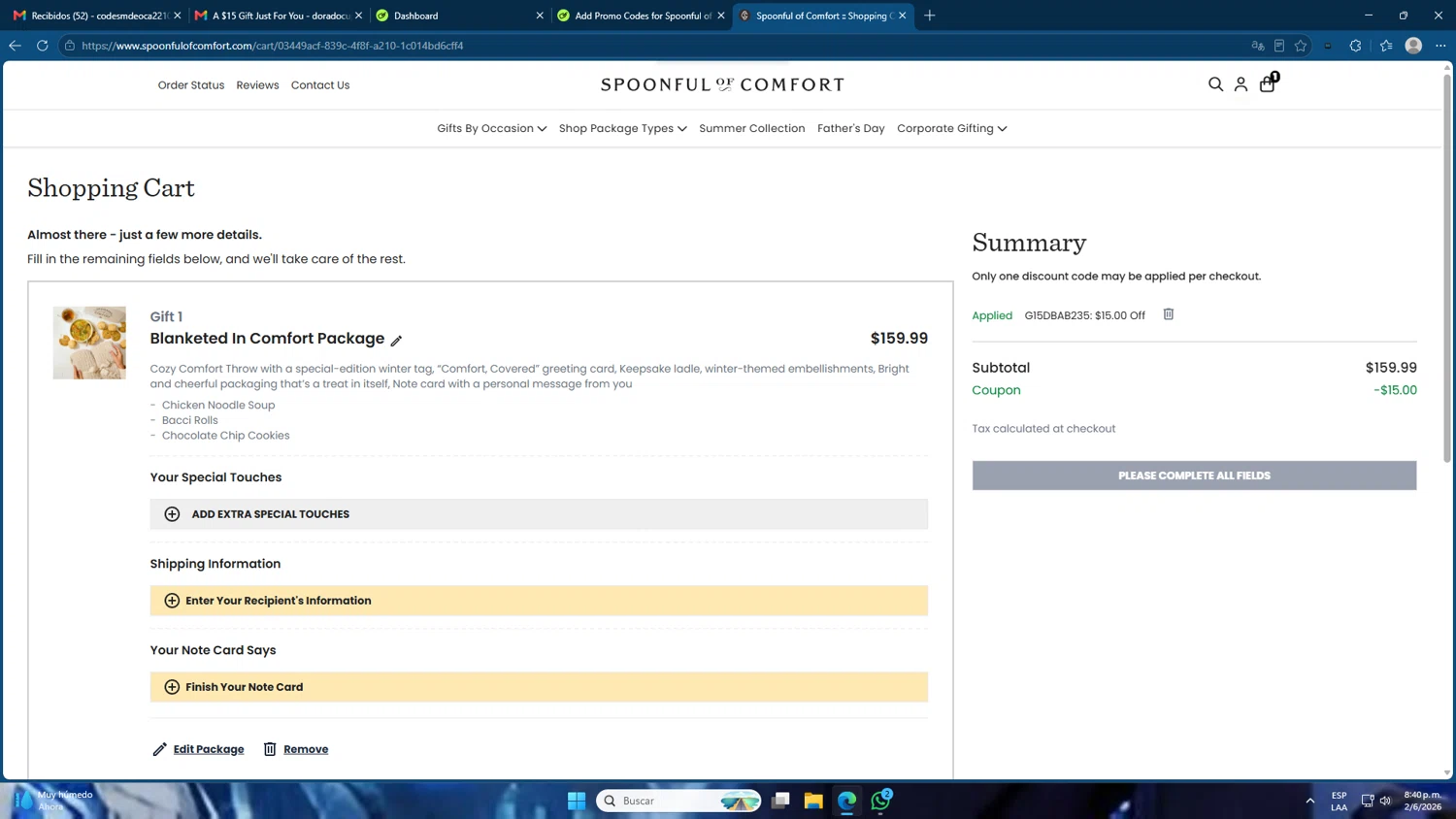 Spoonful of Comfort promo code screenshot showing code G15DBAB235 applied at Spoonful of Comfort checkout page. Uploaded by SimplyCodes community member Mdeoca on Jun 3, 2026