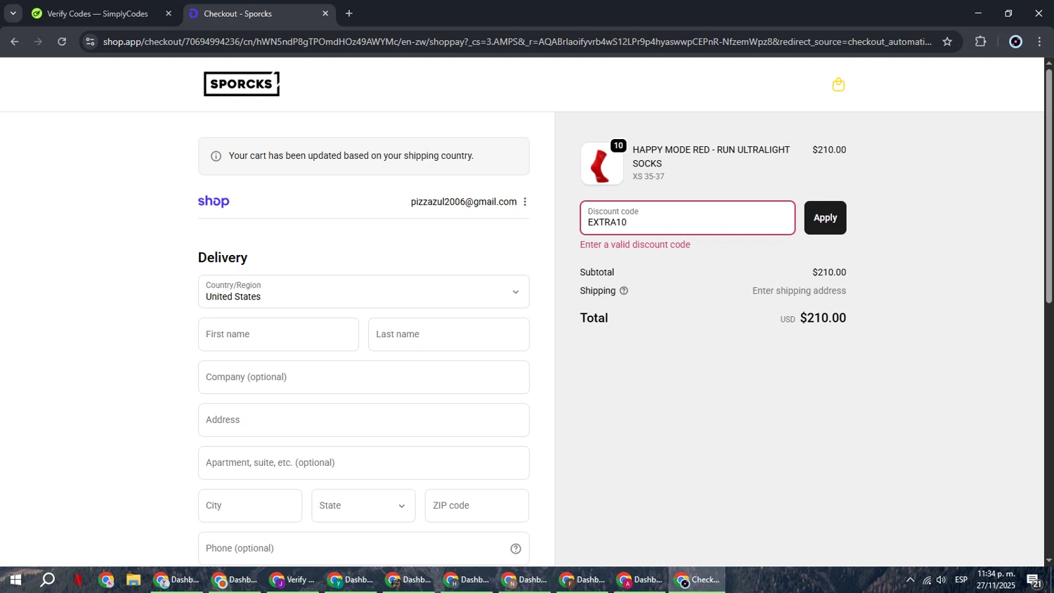 SPORCKS discount code screenshot showing code EXTRA10 applied at SPORCKS checkout page. Uploaded by SimplyCodes community member RoyalBoss4384 on Nov 28, 2025