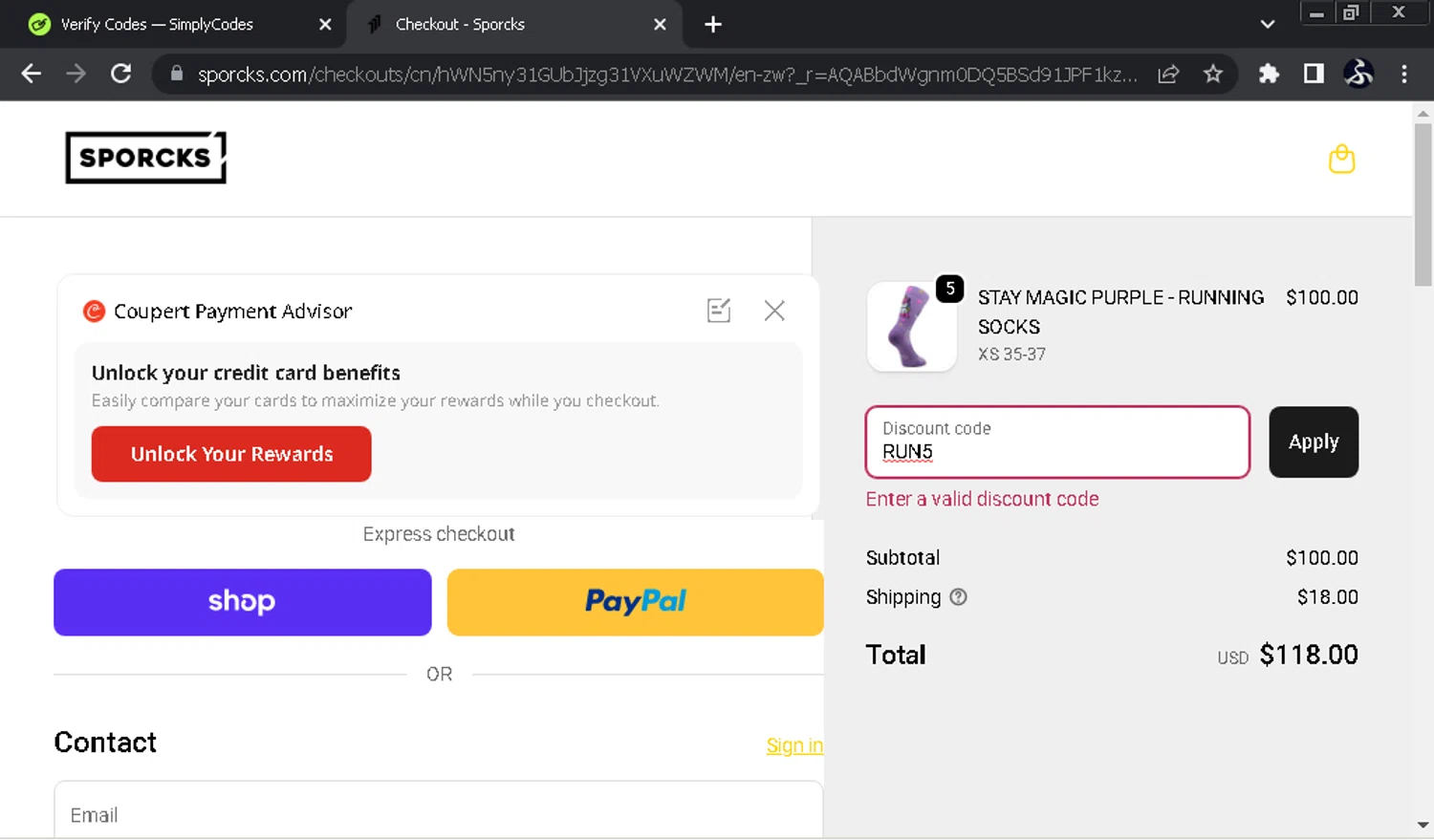 SPORCKS discount code screenshot showing code RUN5 applied at SPORCKS checkout page. Uploaded by SimplyCodes community member SwiftOwl697 on Nov 28, 2025