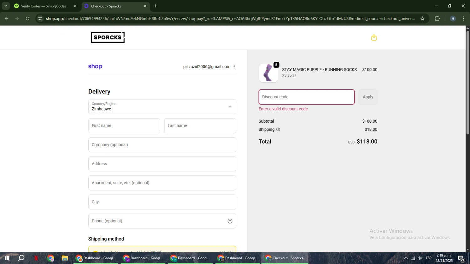 SPORCKS discount code screenshot showing code RUN5 applied at SPORCKS checkout page. Uploaded by SimplyCodes community member YAMAHA on Nov 28, 2025