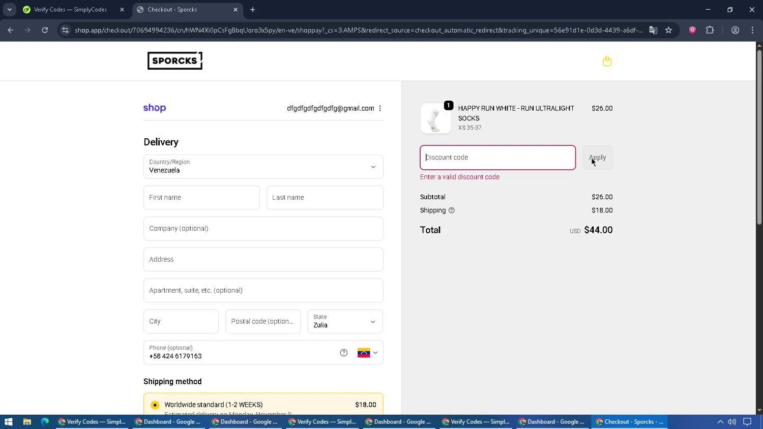 SPORCKS discount code screenshot showing code bogo50 applied at SPORCKS checkout page. Uploaded by SimplyCodes community member Cynoxx on Oct 26, 2025