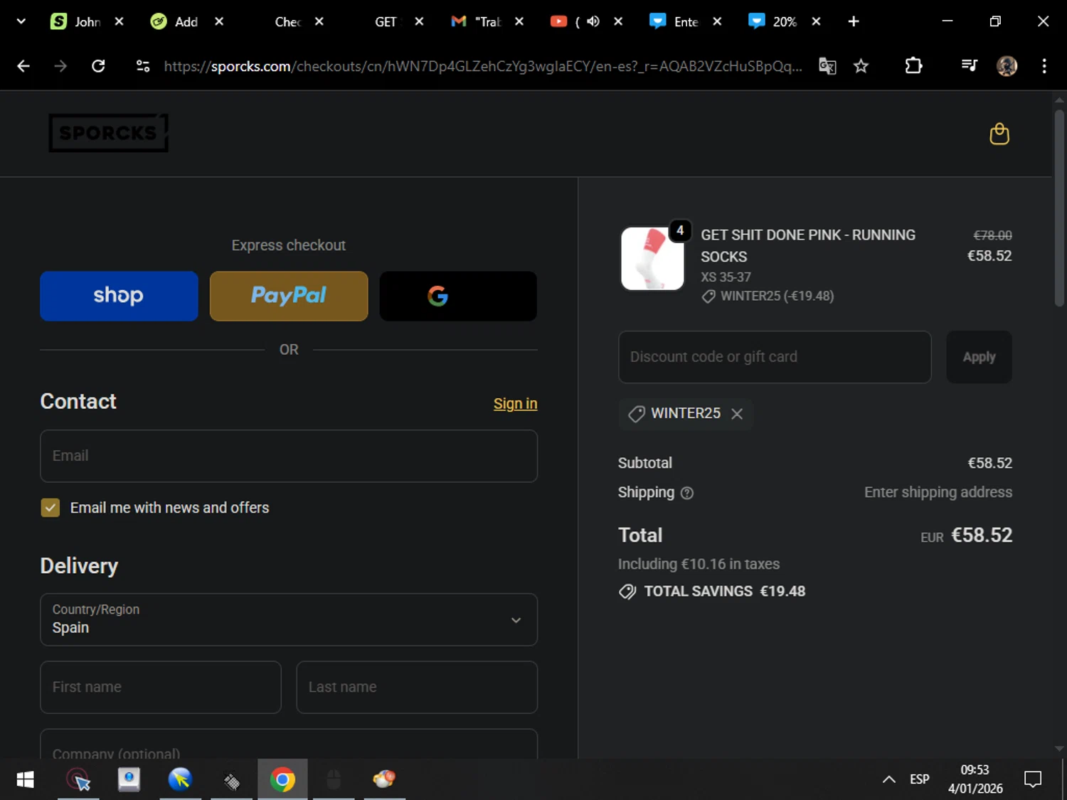 SPORCKS discount code screenshot showing code WINTER25 applied at SPORCKS checkout page. Uploaded by SimplyCodes community member MarcosAranguren on Jan 4, 2026