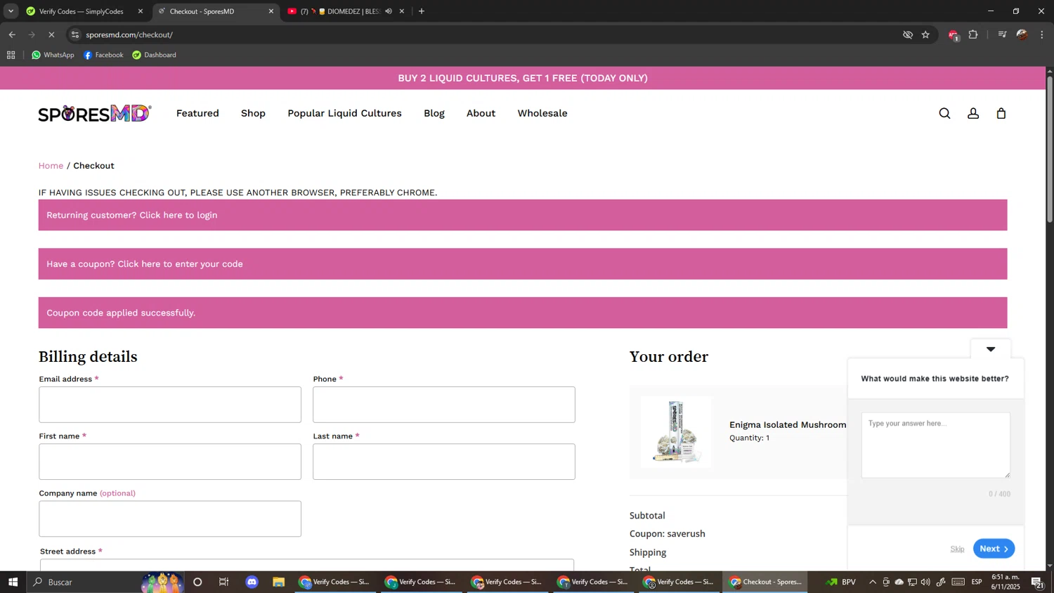 SporesMD coupon code screenshot showing code saverush applied at SporesMD checkout page. Uploaded by SimplyCodes community member ScanShopper554 on Nov 6, 2025