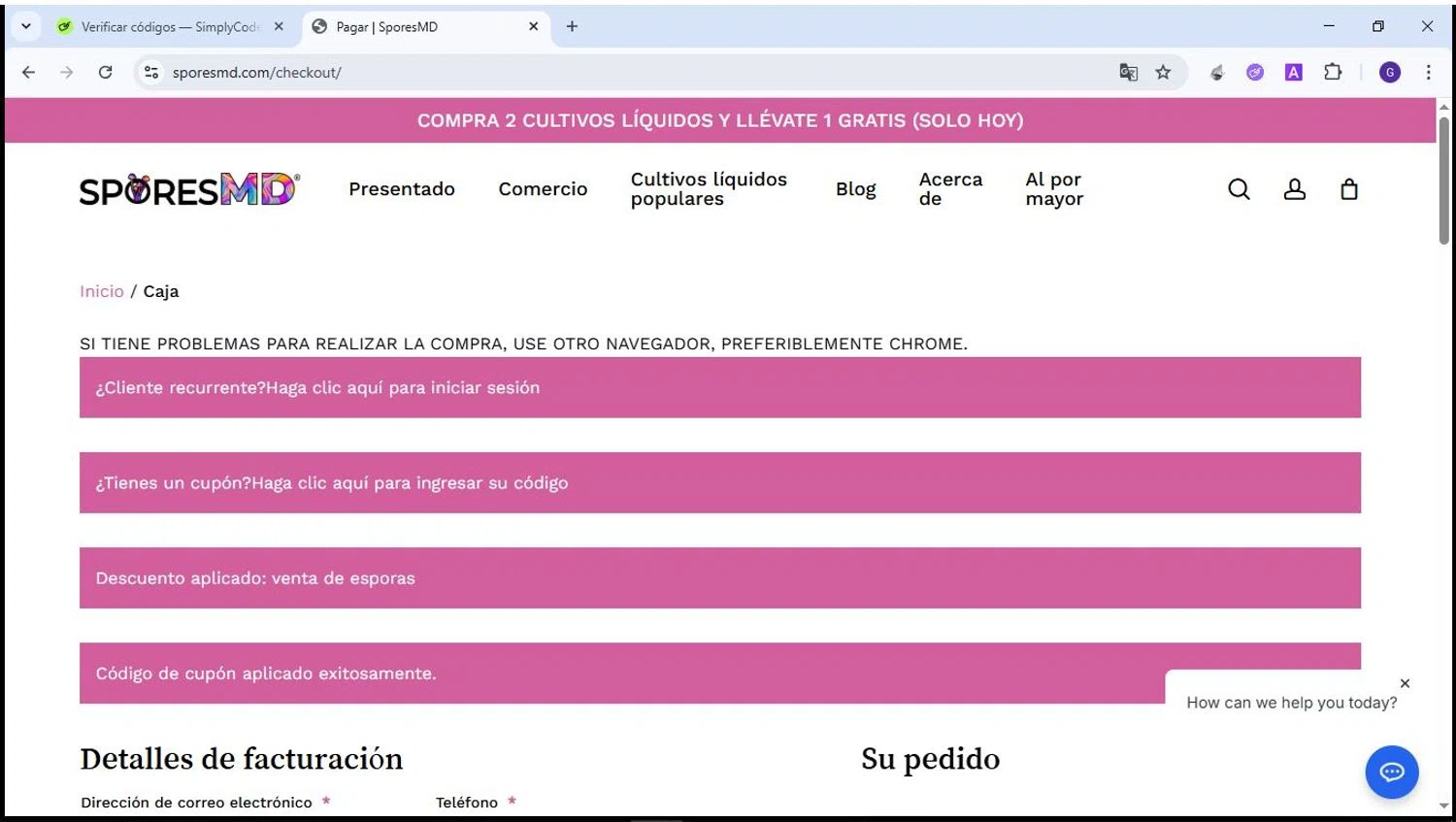 SporesMD coupon code screenshot showing code saverush applied at SporesMD checkout page. Uploaded by SimplyCodes community member Theking on Jun 13, 2025