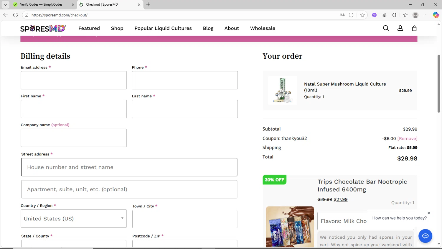 SporesMD coupon code screenshot showing code thankyou32 applied at SporesMD checkout page. Uploaded by SimplyCodes community member CrownShopper2899 on Aug 14, 2025