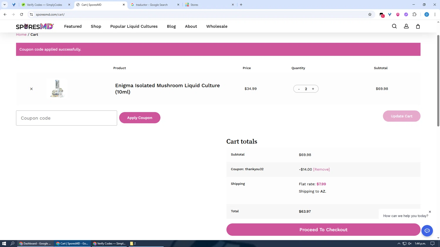 SporesMD coupon code screenshot showing code thankyou32 applied at SporesMD checkout page. Uploaded by SimplyCodes community member LuckyFalcon3964 on Aug 16, 2025