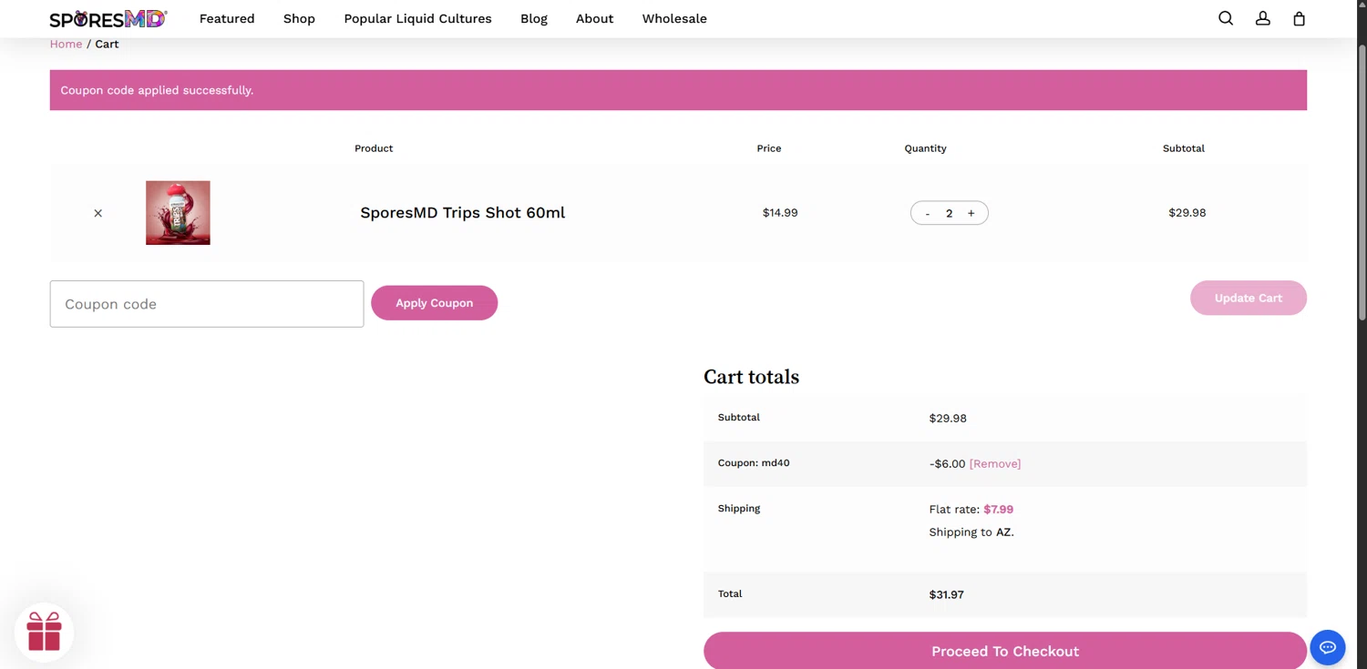 SporesMD coupon code screenshot showing code md40 applied at SporesMD checkout page. Uploaded by SimplyCodes community member RebatePioneer1295 on Oct 13, 2025