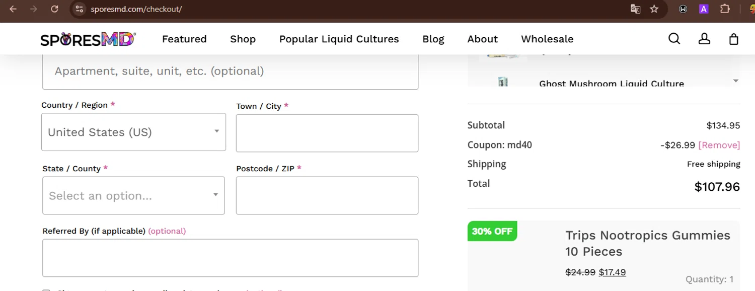 SporesMD coupon code screenshot showing code md40 applied at SporesMD checkout page. Uploaded by SimplyCodes community member WonderWarden594 on Nov 11, 2025