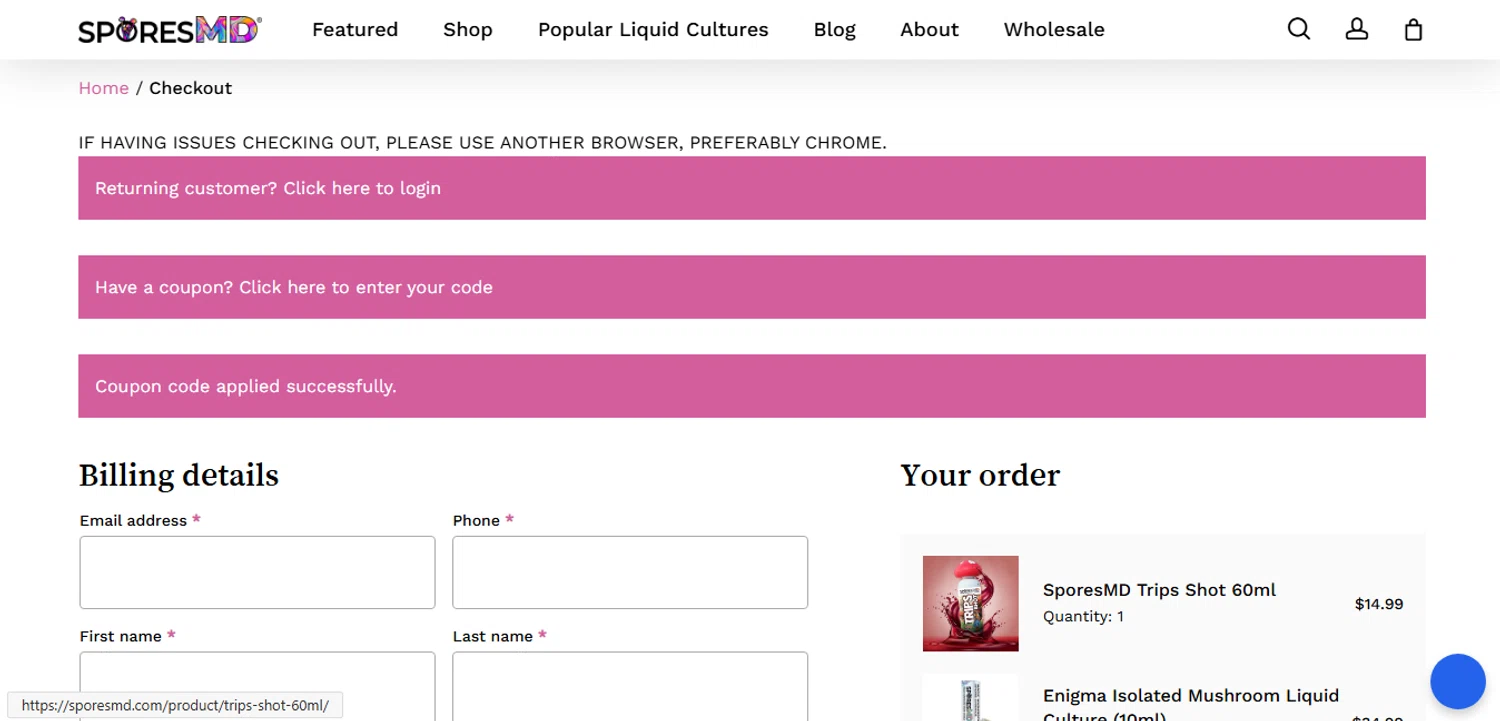 SporesMD coupon code screenshot showing code md40 applied at SporesMD checkout page. Uploaded by SimplyCodes community member xHRxUltrax on Sep 14, 2025