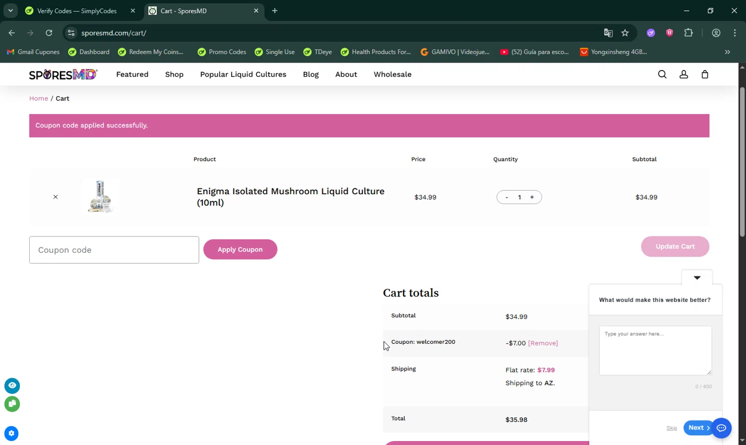 SporesMD checkout page showing SporesMD coupon code box | Screenshot taken by SimplyCodes community member on Jan 11, 2026