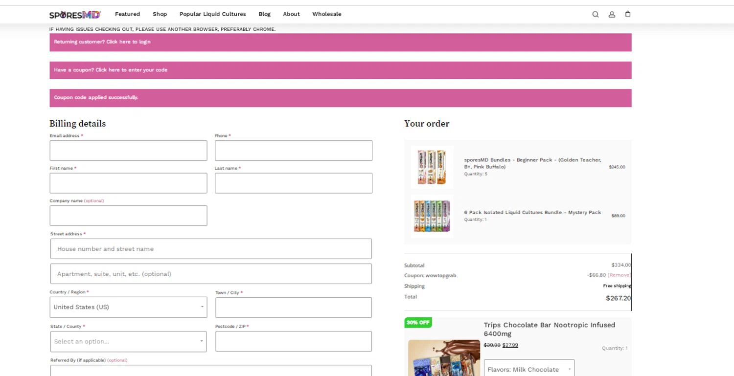 SporesMD checkout page showing SporesMD coupon code box | Screenshot taken by SimplyCodes community member on Jan 11, 2026