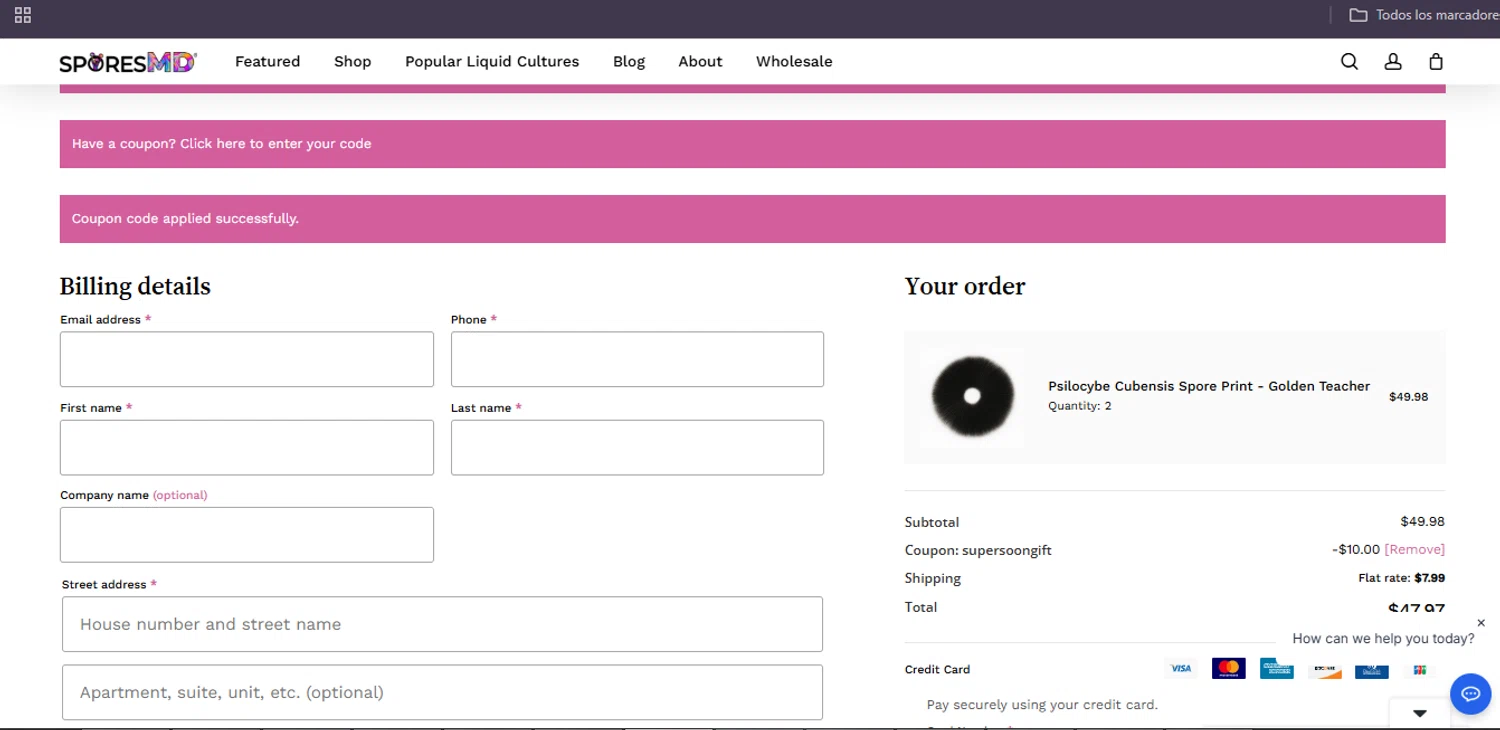 SporesMD coupon code screenshot showing code SUPERSOONGIFT applied at SporesMD checkout page. Uploaded by SimplyCodes community member Egni_149037891 on Nov 14, 2025