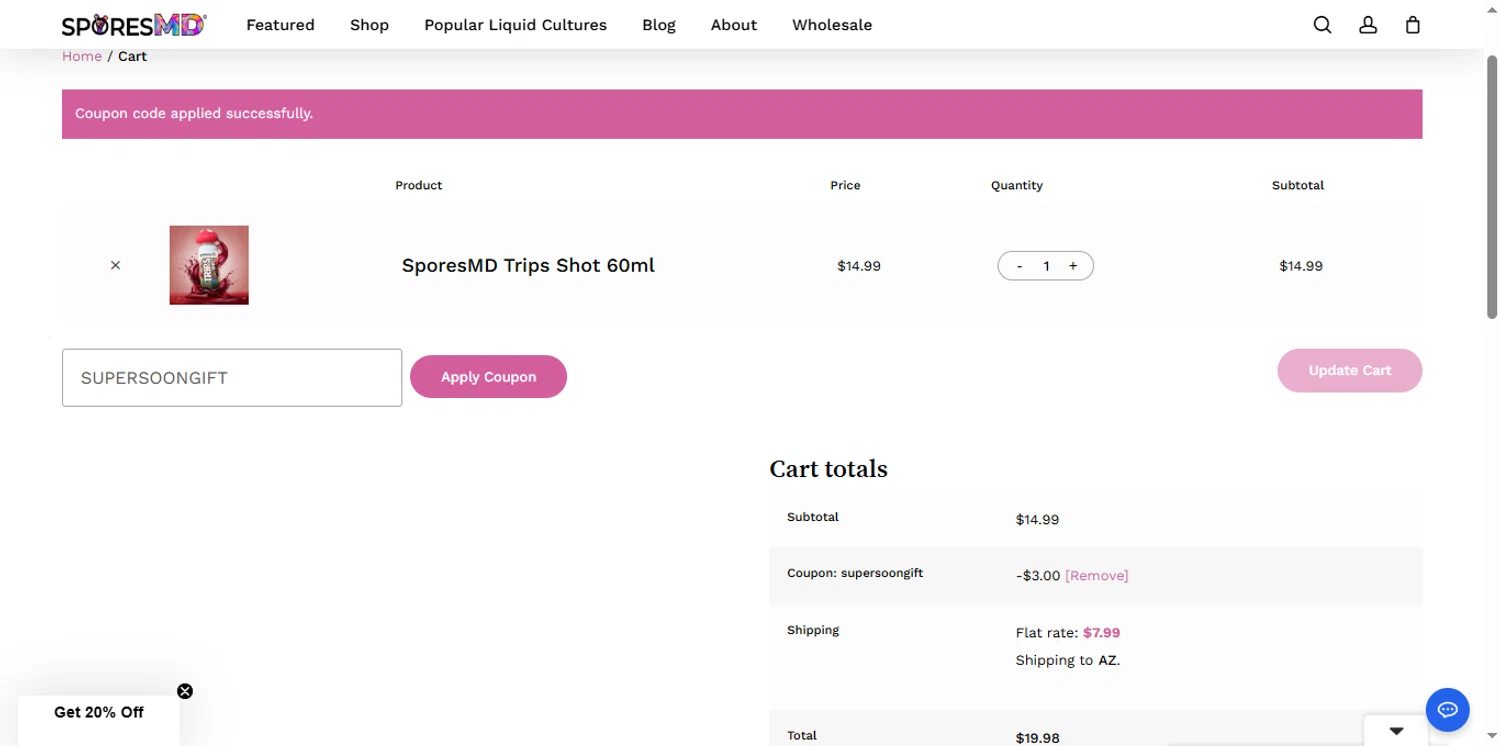 SporesMD checkout page showing SporesMD coupon code box | Screenshot taken by SimplyCodes community member on Jan 11, 2026
