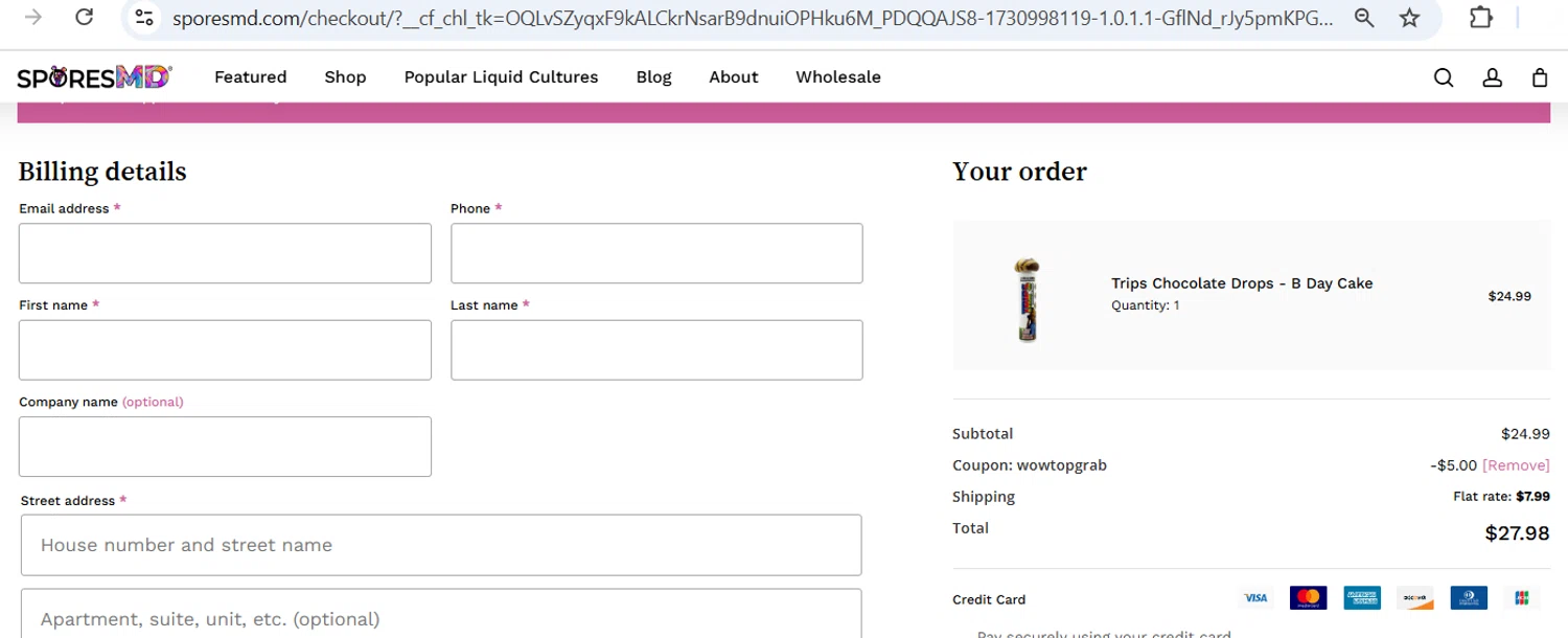 SporesMD coupon code screenshot showing code WOWTOPGRAB applied at SporesMD checkout page. Uploaded by SimplyCodes community member terricameron on Oct 16, 2025