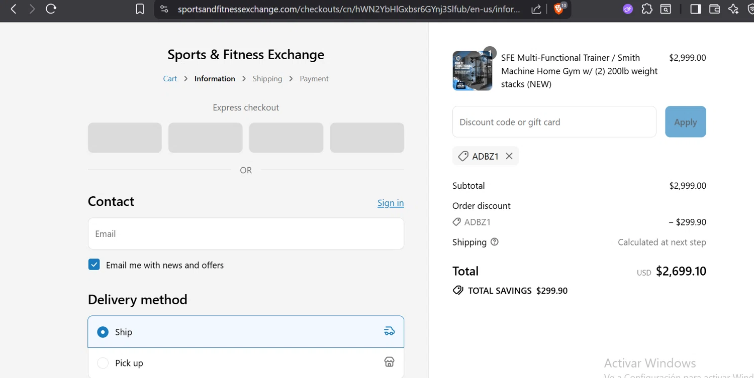 Sports & Fitness Exchange promo code screenshot showing code ADBZ1 applied at Sports & Fitness Exchange checkout page. Uploaded by SimplyCodes community member GloriousTitan3094 on Sep 9, 2025