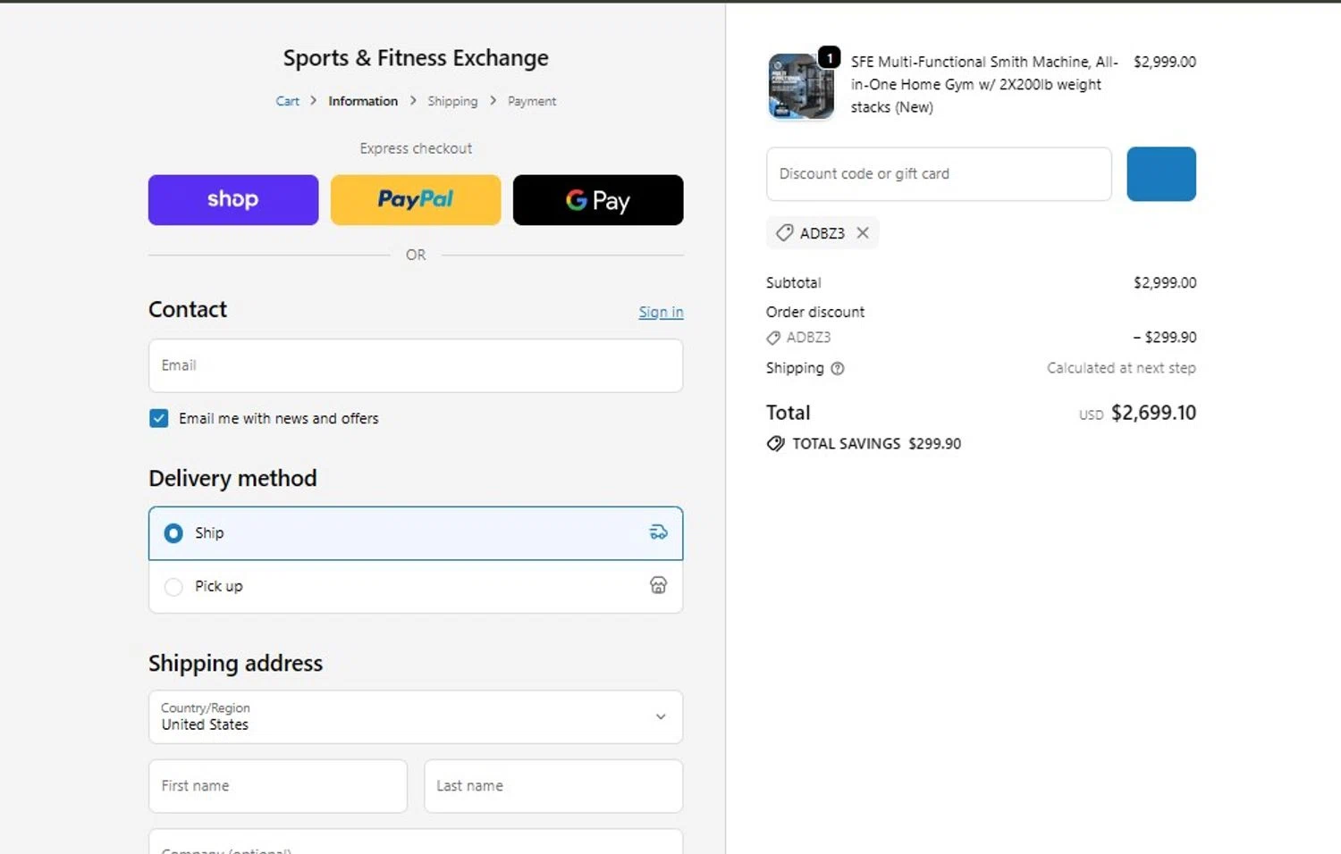 Sports & Fitness Exchange promo code screenshot showing code ADBZ3 applied at Sports & Fitness Exchange checkout page. Uploaded by SimplyCodes community member BargainRanger2568 on Oct 10, 2025
