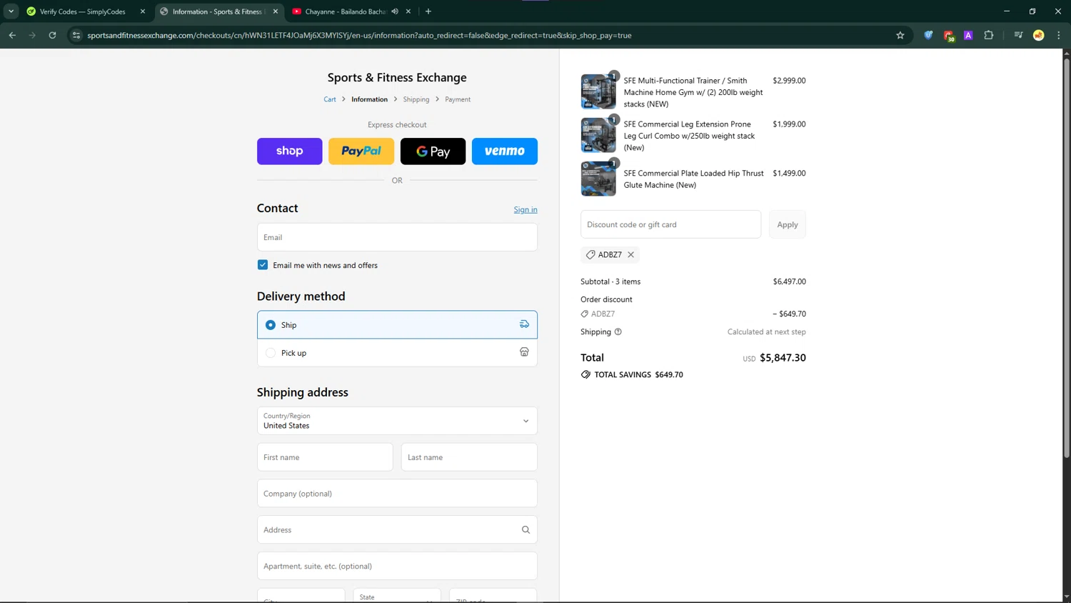 Sports & Fitness Exchange promo code screenshot showing code ADBZ7 applied at Sports & Fitness Exchange checkout page. Uploaded by SimplyCodes community member ShrewdCaptain9911 on Sep 15, 2025