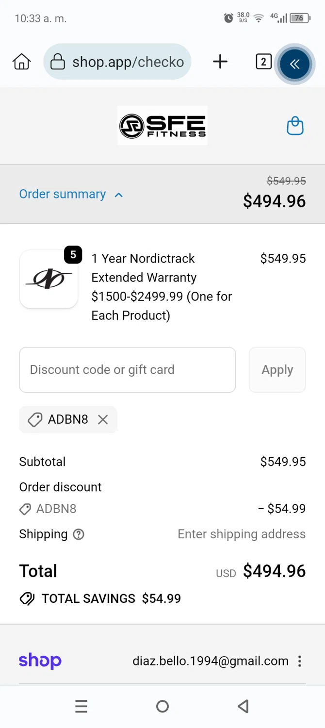 Sports & Fitness Exchange promo code screenshot showing code ADBN8 applied at Sports & Fitness Exchange checkout page. Uploaded by SimplyCodes community member Anthony_Diaz on Dec 7, 2025