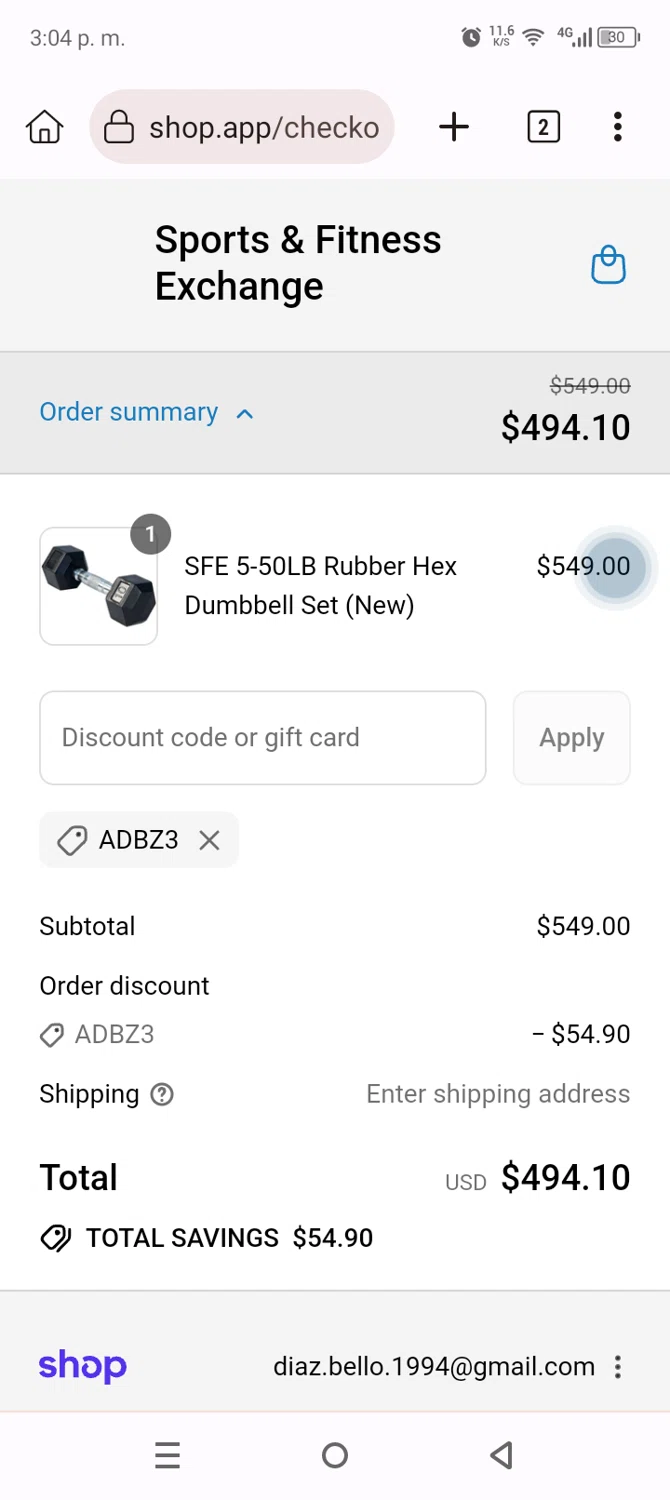 Sports & Fitness Exchange promo code screenshot showing code ADBZ3 applied at Sports & Fitness Exchange checkout page. Uploaded by SimplyCodes community member Anthony_Diaz on Sep 15, 2025