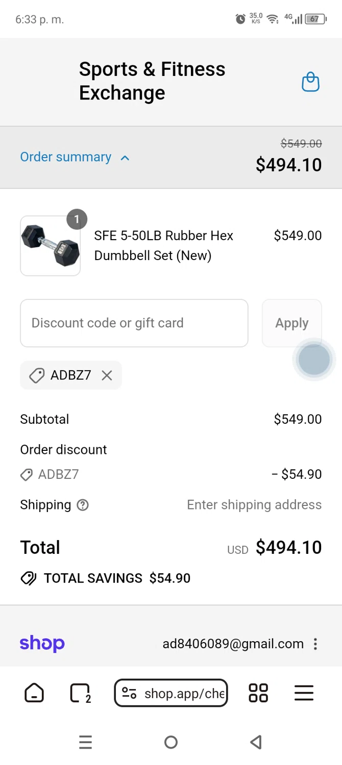 Sports & Fitness Exchange promo code screenshot showing code ADBZ7 applied at Sports & Fitness Exchange checkout page. Uploaded by SimplyCodes community member AnthonyGuapeton94 on Sep 15, 2025