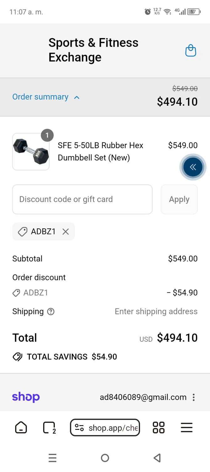 Sports & Fitness Exchange promo code screenshot showing code ADBZ1 applied at Sports & Fitness Exchange checkout page. Uploaded by SimplyCodes community member AnthonyGuapeton94 on Sep 9, 2025