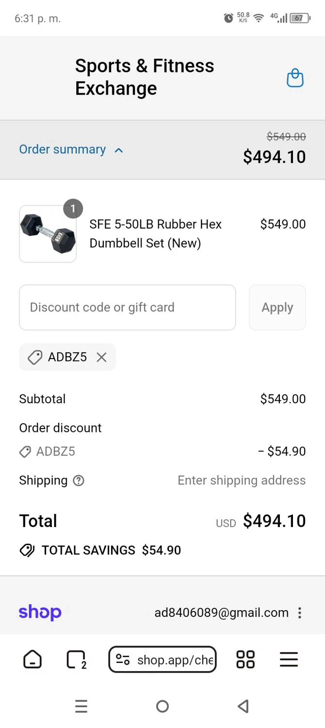 Sports & Fitness Exchange promo code screenshot showing code ADBZ5 applied at Sports & Fitness Exchange checkout page. Uploaded by SimplyCodes community member AnthonyGuapeton94 on Sep 15, 2025