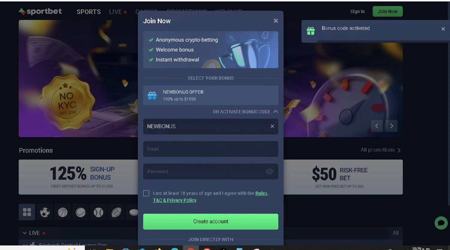 Sportbet.one checkout page showing Sportbet.one promo code box | Screenshot taken by SimplyCodes community member on Sep 30, 2025