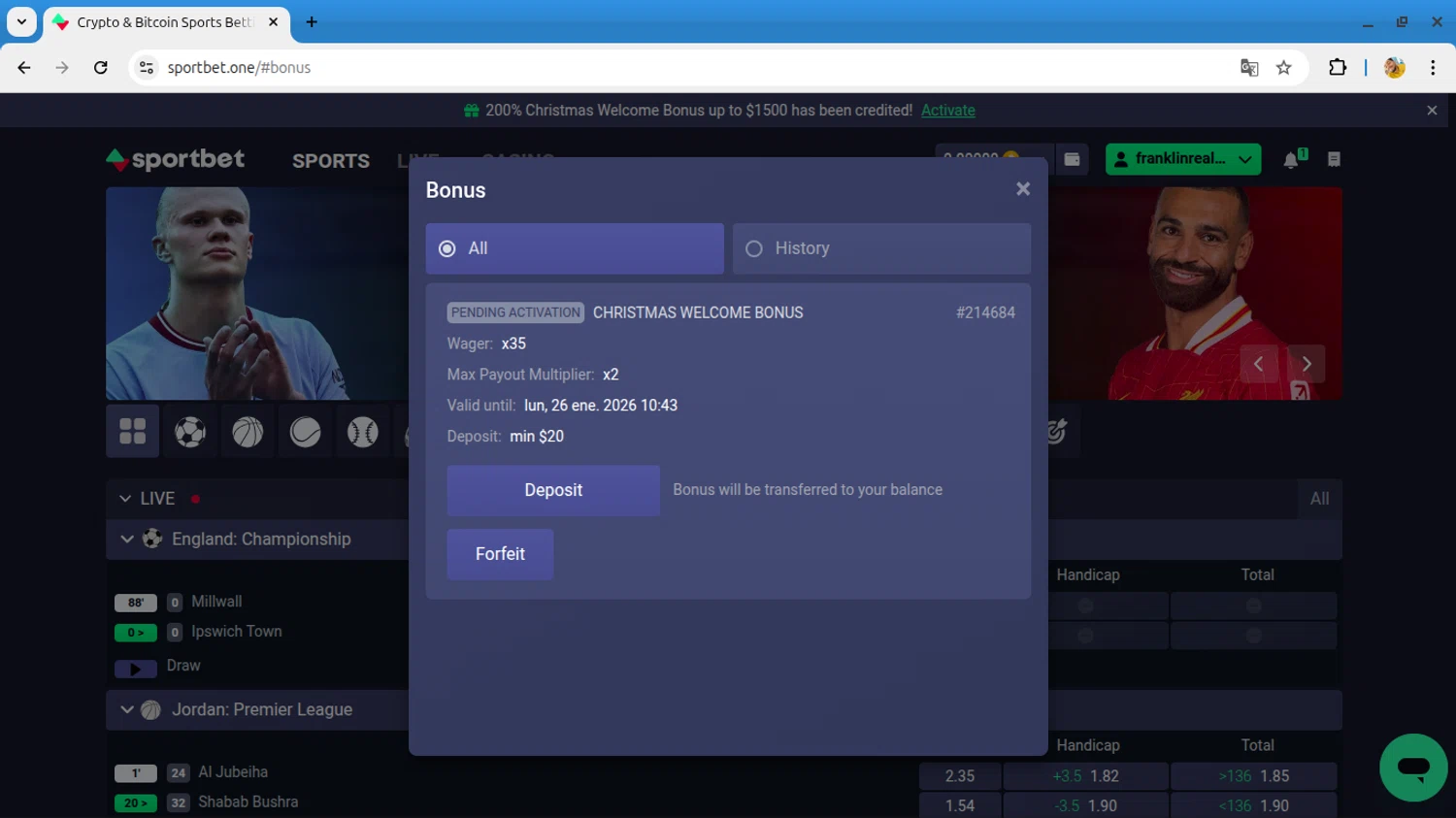 Sportbet.one promo code screenshot showing code NEWBONUS applied at Sportbet.one checkout page. Uploaded by SimplyCodes community member PMALONE on Dec 26, 2025
