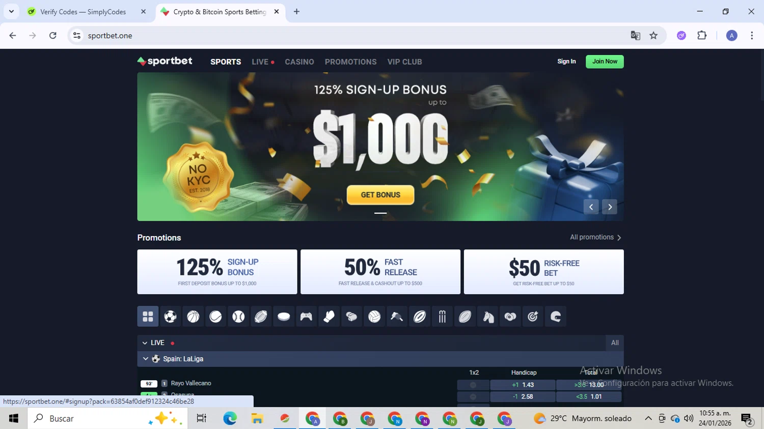 Sportbet.one promo code screenshot showing code NEWBONUS applied at Sportbet.one checkout page. Uploaded by SimplyCodes community member TreasureCaptain5531 on Jan 24, 2026