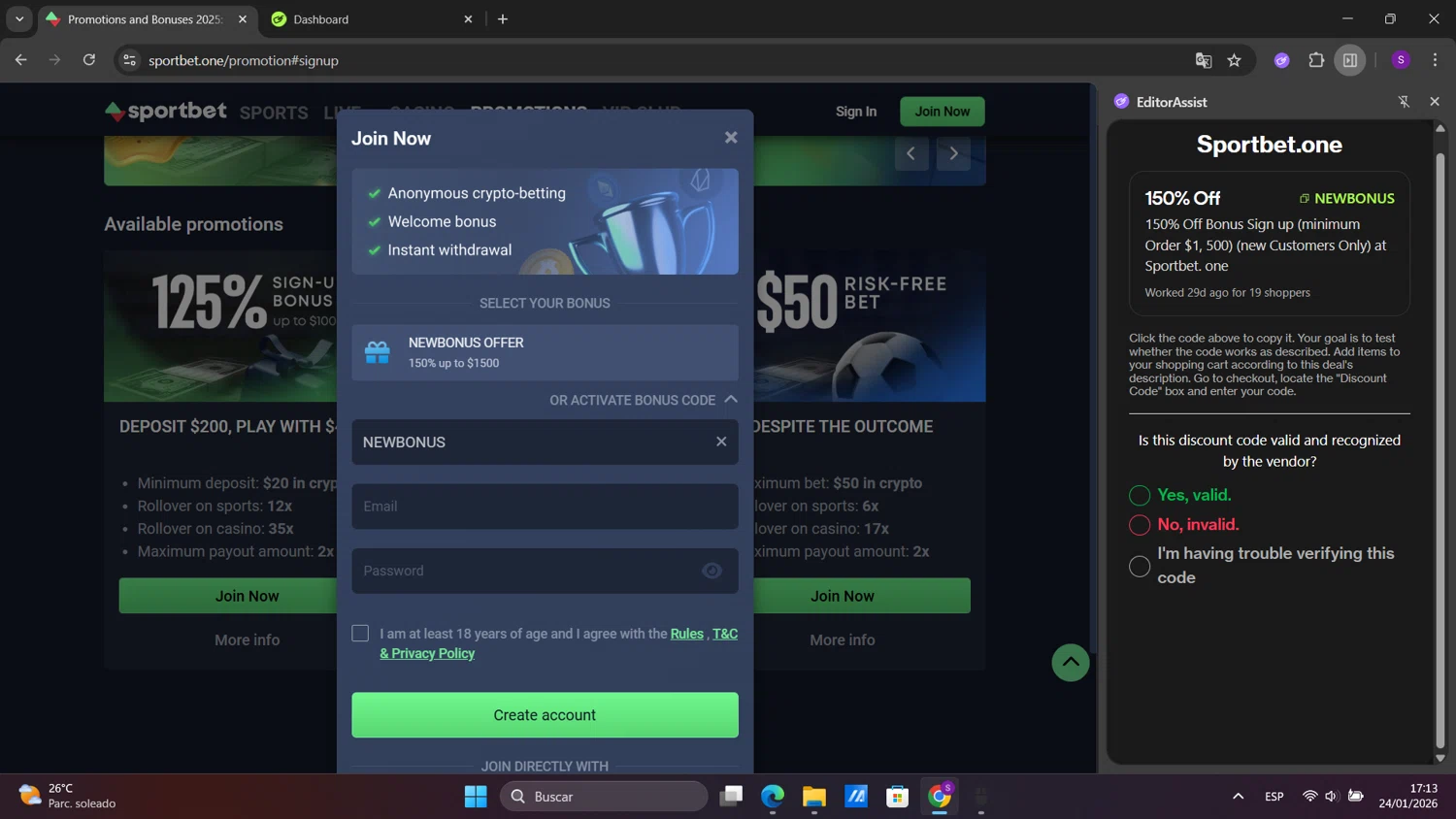Sportbet.one promo code screenshot showing code NEWBONUS applied at Sportbet.one checkout page. Uploaded by SimplyCodes community member sorialbam on Jan 24, 2026