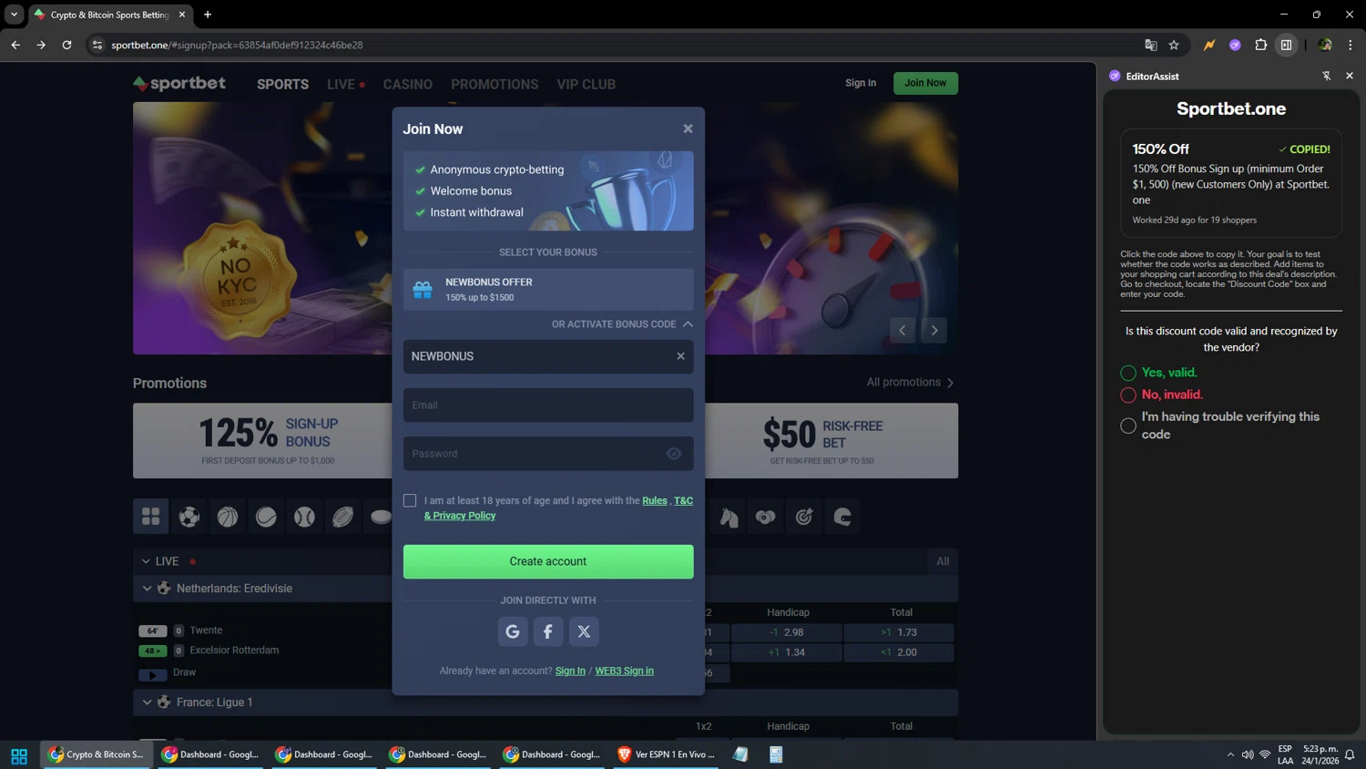 Sportbet.one checkout page showing Sportbet.one promo code box | Screenshot taken by SimplyCodes community member on Jan 24, 2026