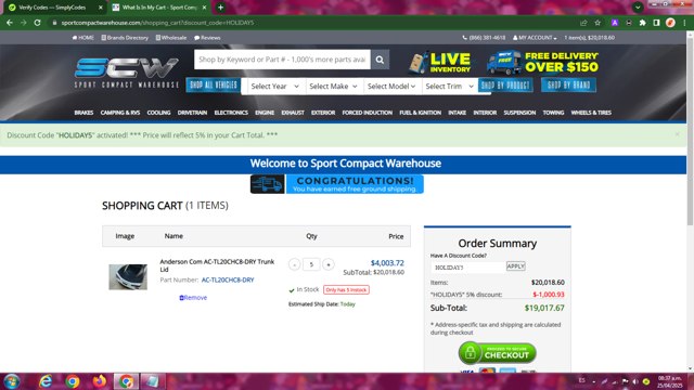 Sport Compact Warehouse checkout page showing Sport Compact Warehouse promo code box | Screenshot taken by SimplyCodes community member on Apr 25, 2025