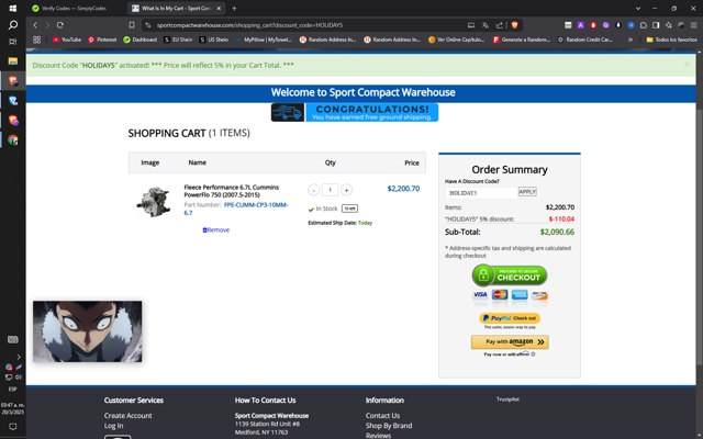 Sport Compact Warehouse checkout page showing Sport Compact Warehouse promo code box | Screenshot taken by SimplyCodes community member on Mar 20, 2025