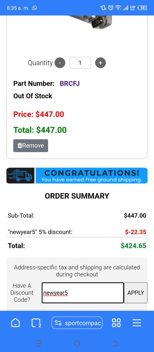 Sport Compact Warehouse checkout page showing Sport Compact Warehouse promo code box | Screenshot taken by SimplyCodes community member on Apr 25, 2025