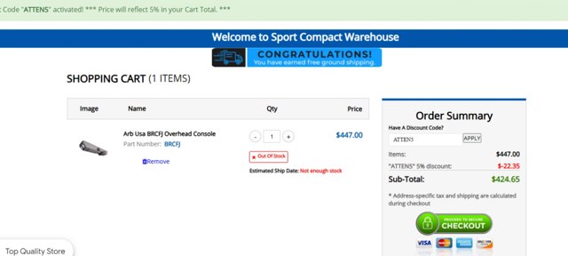 Sport Compact Warehouse checkout page showing Sport Compact Warehouse promo code box | Screenshot taken by SimplyCodes community member on May 9, 2025