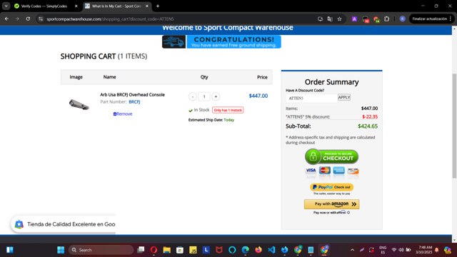 Sport Compact Warehouse checkout page showing Sport Compact Warehouse promo code box | Screenshot taken by SimplyCodes community member on Mar 10, 2025