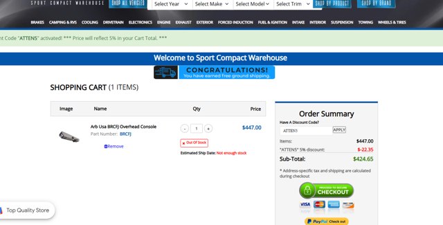 Sport Compact Warehouse checkout page showing Sport Compact Warehouse promo code box | Screenshot taken by SimplyCodes community member on Apr 25, 2025