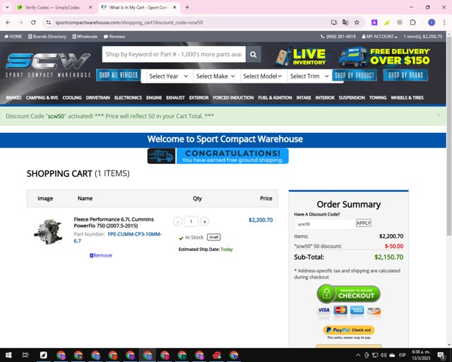 Sport Compact Warehouse checkout page showing Sport Compact Warehouse promo code box | Screenshot taken by SimplyCodes community member on Mar 13, 2025