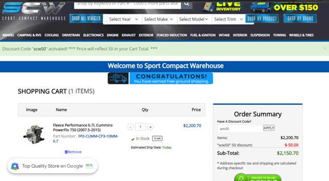 Sport Compact Warehouse checkout page showing Sport Compact Warehouse promo code box | Screenshot taken by SimplyCodes community member on Apr 25, 2025