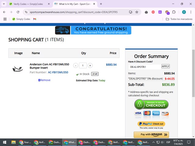 Sport Compact Warehouse checkout page showing Sport Compact Warehouse promo code box | Screenshot taken by SimplyCodes community member on Apr 7, 2025