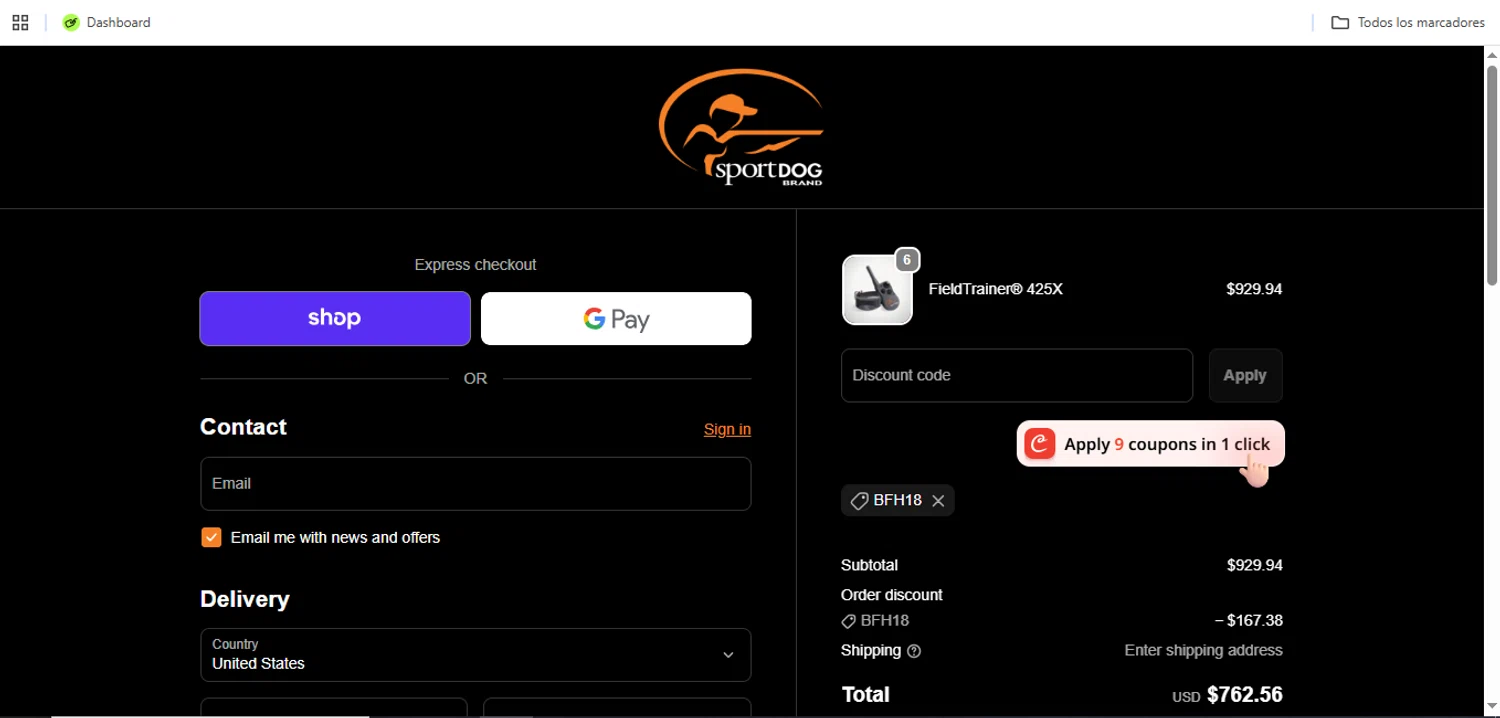 SportDog promo code screenshot showing code BFH18 applied at SportDog checkout page. Uploaded by SimplyCodes community member Speedy on Jun 12, 2026