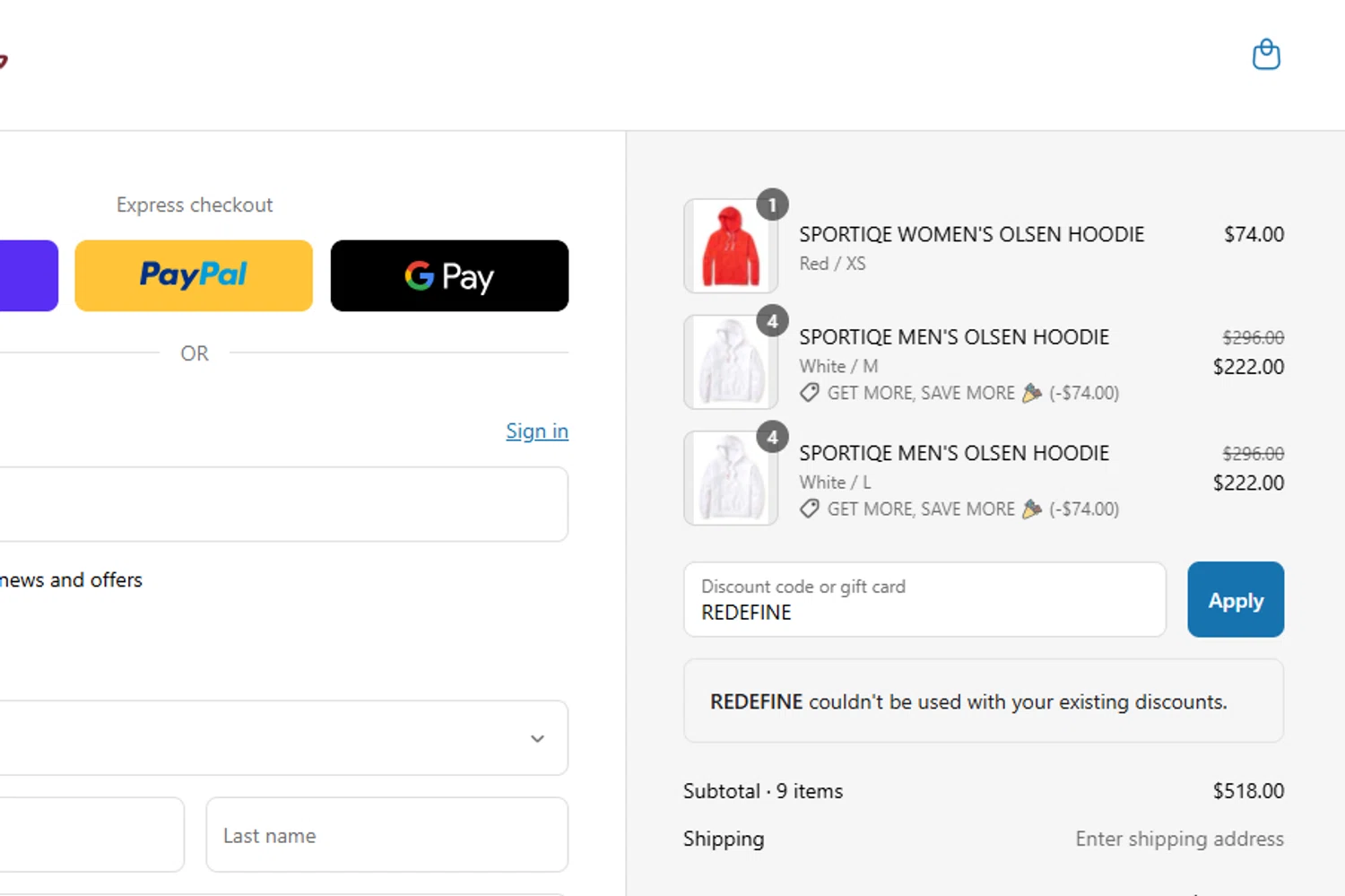 Sportiqe coupon code screenshot showing code REDEFINE applied at Sportiqe checkout page. Uploaded by SimplyCodes community member ITSO1676764508225 on Sep 14, 2025