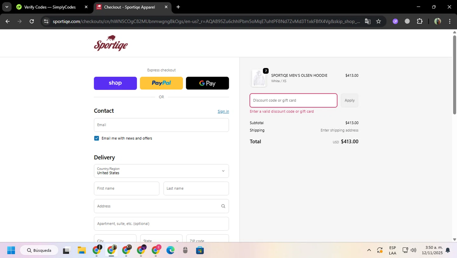 Sportiqe coupon code screenshot showing code REDEFINE applied at Sportiqe checkout page. Uploaded by SimplyCodes community member MoneySentinel7597 on Nov 12, 2025