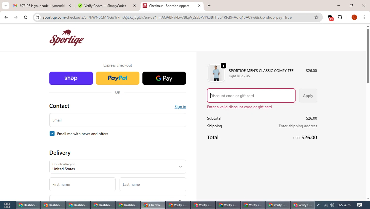 Sportiqe coupon code screenshot showing code thankyou applied at Sportiqe checkout page. Uploaded by SimplyCodes community member BonusHero9692 on Nov 12, 2025