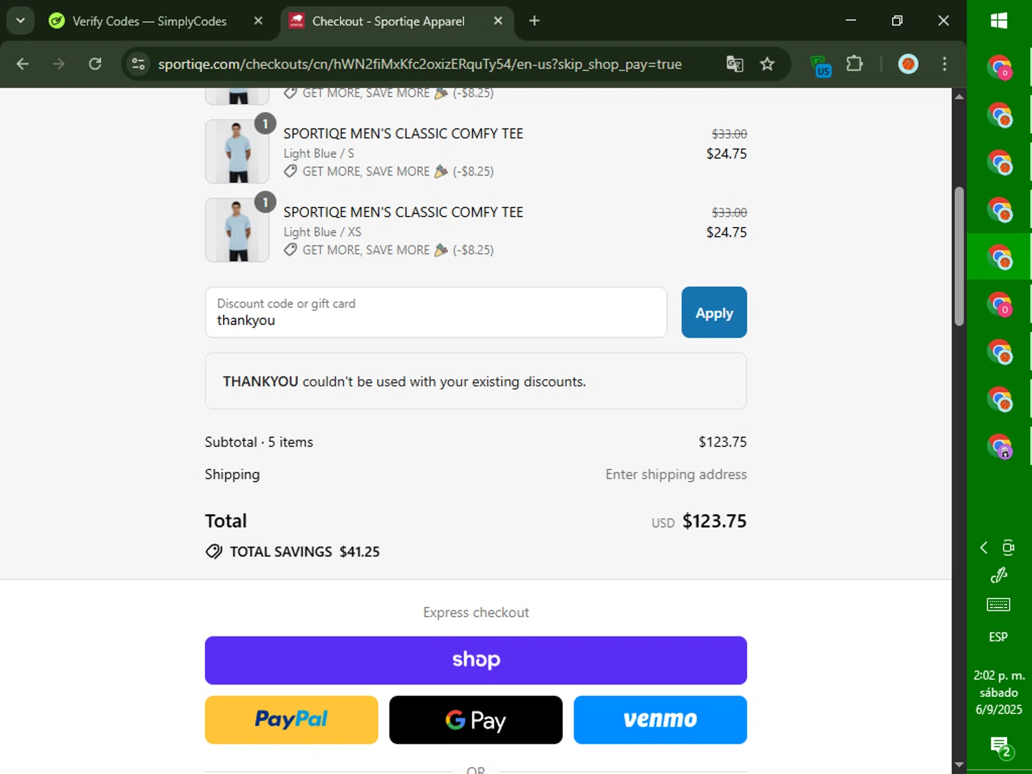 Sportiqe coupon code screenshot showing code thankyou applied at Sportiqe checkout page. Uploaded by SimplyCodes community member CashMaverick8128 on Sep 6, 2025