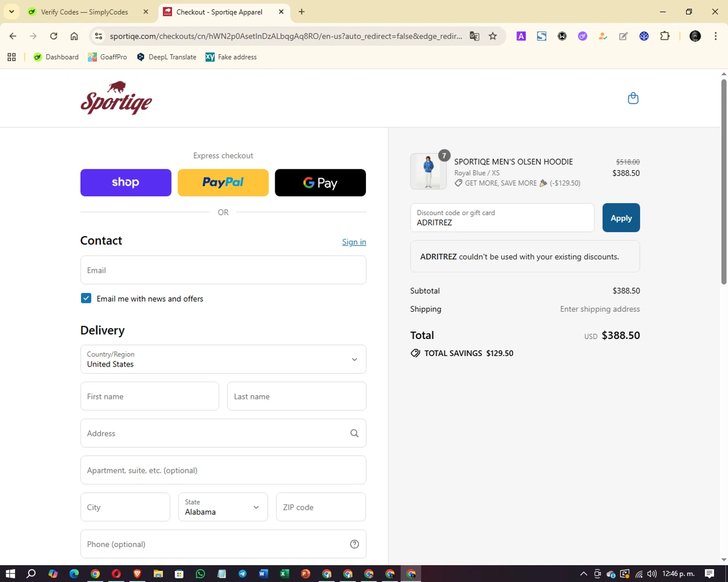 Sportiqe coupon code screenshot showing code ADRITREZ applied at Sportiqe checkout page. Uploaded by SimplyCodes community member Aspen_Colorado on Sep 10, 2025
