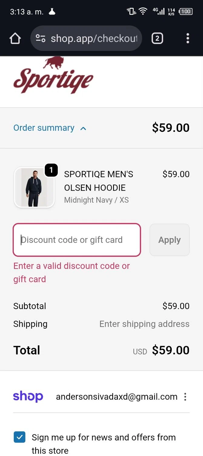 Sportiqe coupon code screenshot showing code ADRITREZ applied at Sportiqe checkout page. Uploaded by SimplyCodes community member Xx_Cogeburras3000_xX on Nov 12, 2025